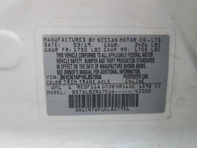 NISSAN VERSA 2019 VIN 3N1CN7AP1KL857956