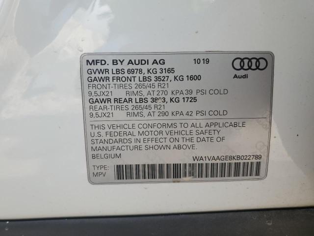 AUDI E-TRON 2019 VIN WA1VAAGE8KB022789