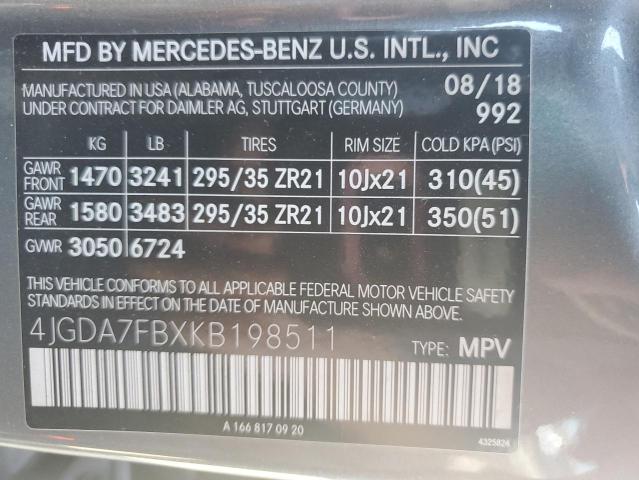 MERCEDES-BENZ GLE-CLASS 2019 VIN 4JGDA7FBXKB198511