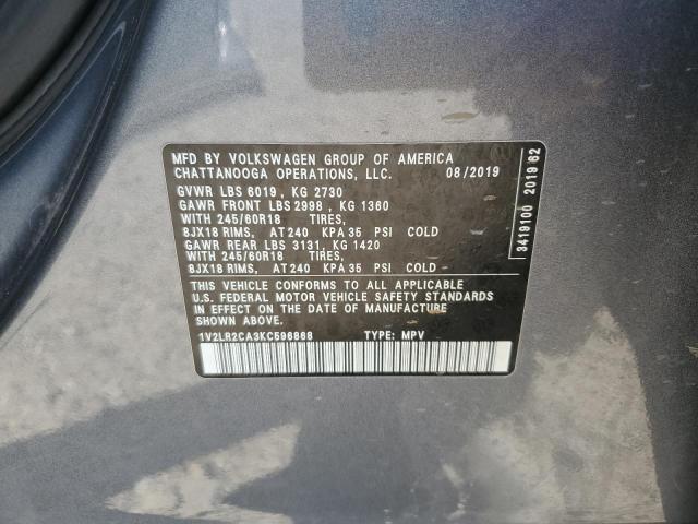 VOLKSWAGEN ATLAS 2019 VIN 1V2LR2CA3KC596868