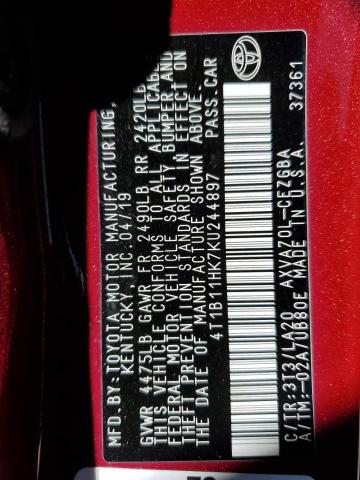 TOYOTA CAMRY 2019 VIN 4T1B11HK7KU244897