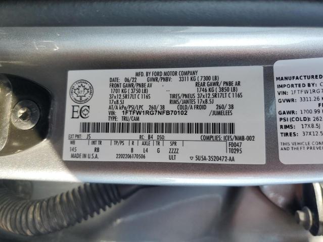 FORD F150 2022 VIN 1FTFW1RG7NFB70102