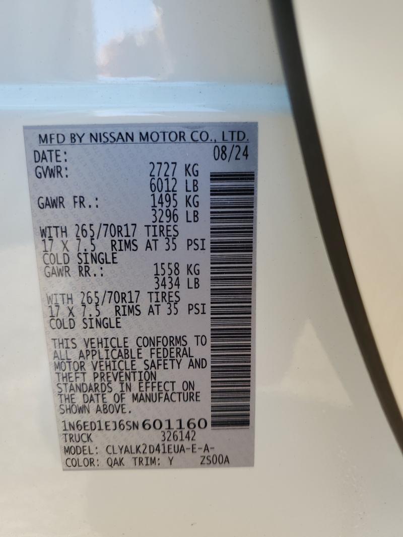 NISSAN FRONTIER 2025 VIN 1N6ED1EJ6SN601160