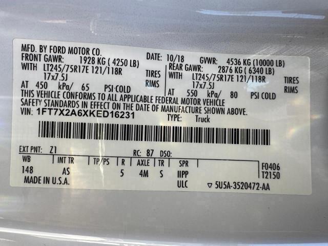 FORD F250 2019 VIN 1FT7X2A6XKED16231