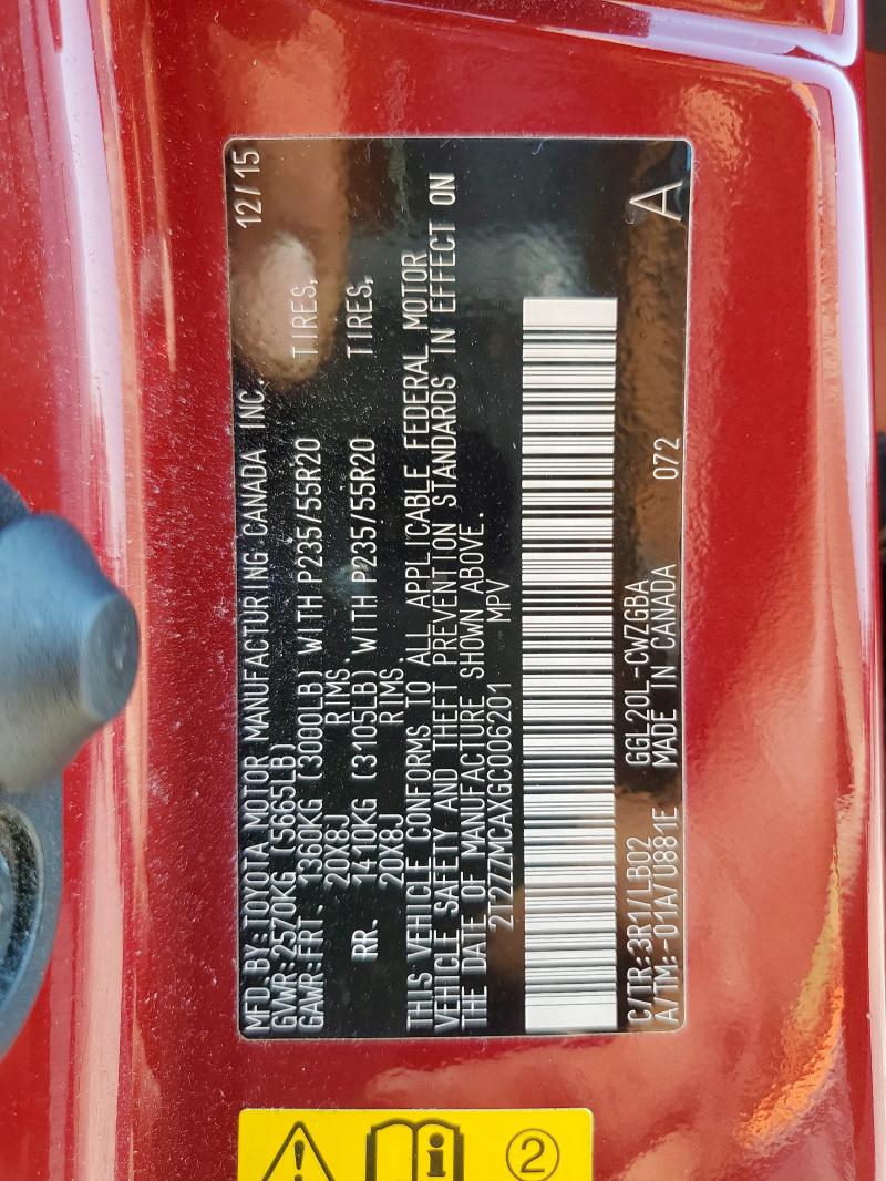 LEXUS RX350 2016 VIN 2T2ZZMCAXGC006201