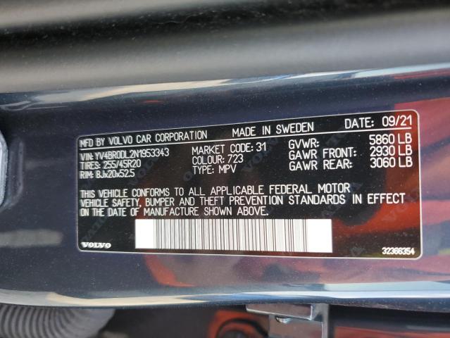 VOLVO XC60 T8 RE 2022 VIN YV4BR0DL2N1953343