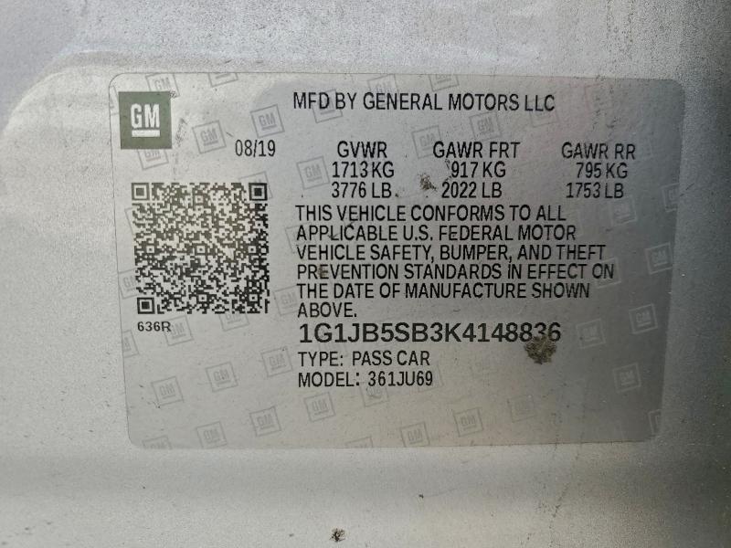 CHEVROLET SONIC 2019 VIN 1G1JB5SB3K4148836