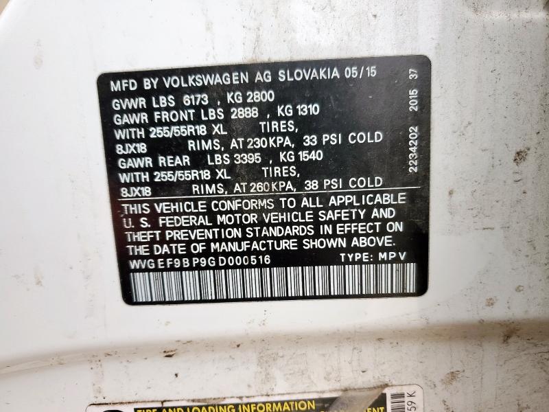 VOLKSWAGEN TOUAREG 2016 VIN WVGEF9BP9GD000516