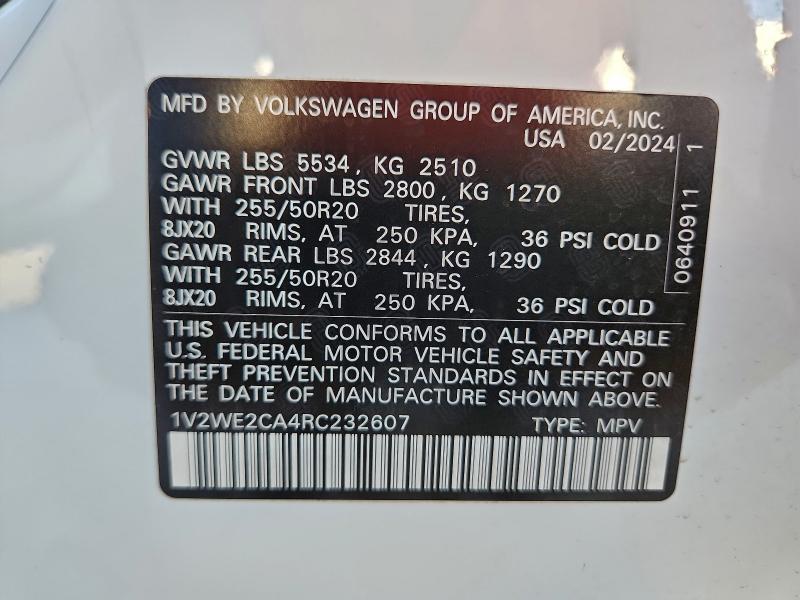VOLKSWAGEN ATLAS 2024 VIN 1V2WE2CA4RC232607