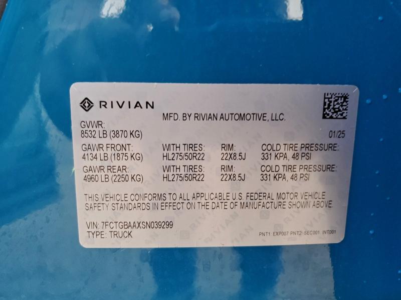 RIVIAN RIT 2025 VIN 7FCTGBAAXSN039299