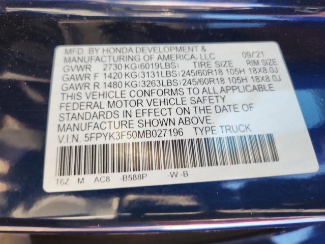HONDA RIDGELINE 2021 VIN 5FPYK3F50MB027196