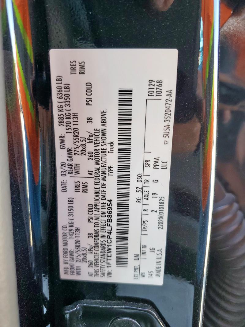 FORD F150 LARIA 2020 VIN 1FTEW1CP4LFB86954