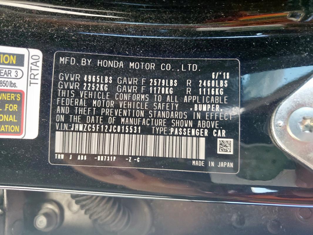 HONDA CLARITY 2018 VIN JHMZC5F12JC015531