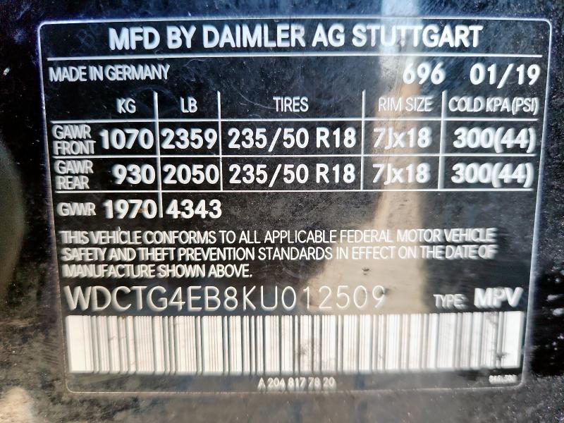 MERCEDES-BENZ GLA-CLASS 2019 VIN WDCTG4EB8KU012509