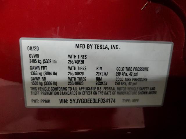 TESLA MODEL Y 2020 VIN 5YJYGDEE3LF034174