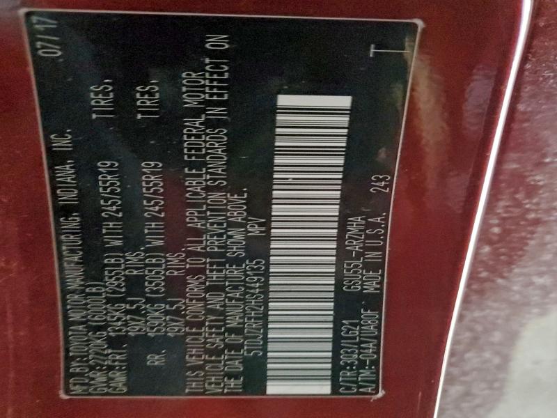 TOYOTA HIGHLANDER 2017 VIN 5TDJZRFH2HS449135