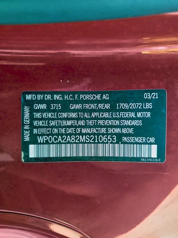 PORSCHE BOXSTER 2021 VIN WP0CA2A82MS210653