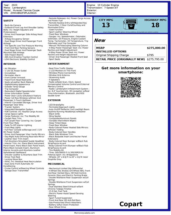 LAMBORGHINI HURACAN TE 2023 VIN ZHWUB6ZF5PLA25615