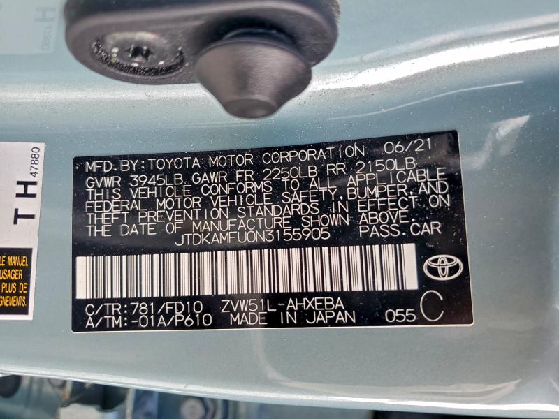 TOYOTA PRIUS NIGH 2022 VIN JTDKAMFU0N3155905