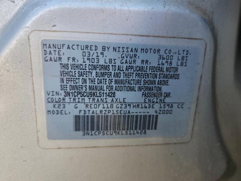 NISSAN KICKS 2019 VIN 3N1CP5CU9KL511428