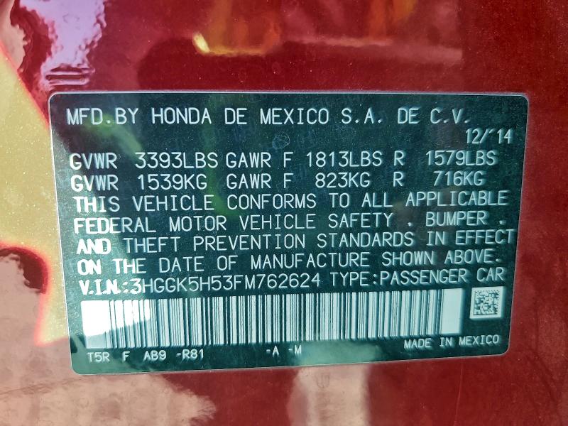 HONDA FIT 2015 VIN 3HGGK5H53FM762624