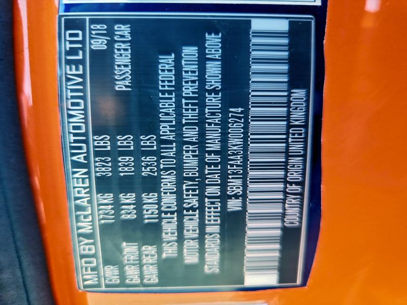 MCLAREN-AUTOMOTIVE ALL MODELS 2019 VIN SBM13FAA3KW006274