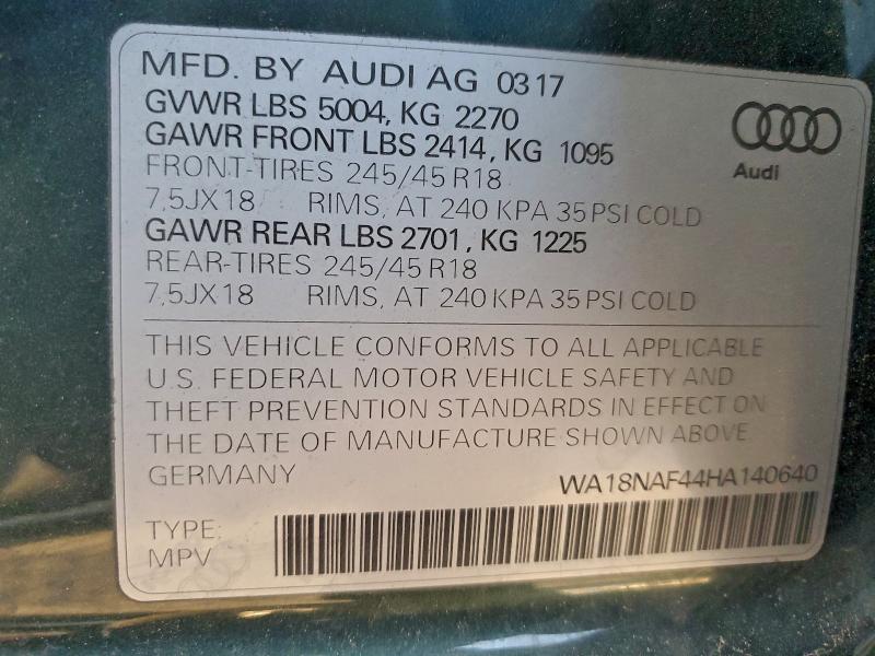 AUDI A4 2017 VIN WA18NAF44HA140640