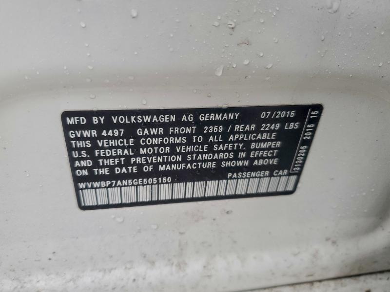 VOLKSWAGEN CC 2016 VIN WVWBP7AN5GE505150
