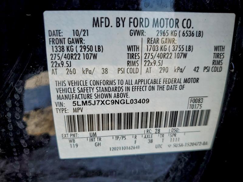 LINCOLN AVIATOR 2022 VIN 5LM5J7XC9NGL03409