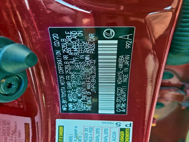 LEXUS UX 250H 2020 VIN JTHP9JBH6L2028132