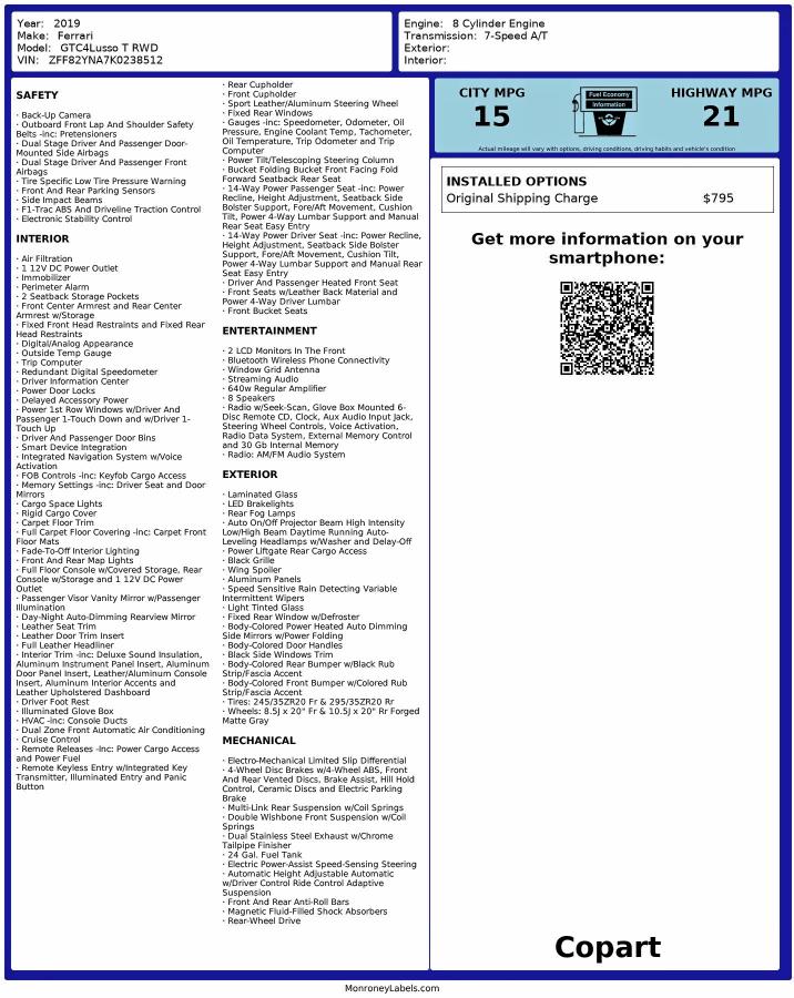 FERRARI ALL MODELS 2019 VIN ZFF82YNA7K0238512