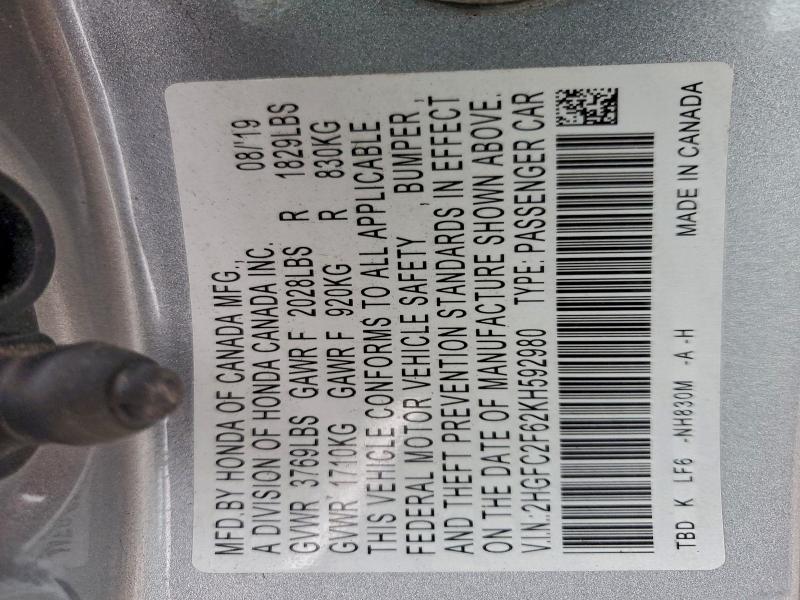 HONDA CIVIC 2019 VIN 2HGFC2F62KH592980