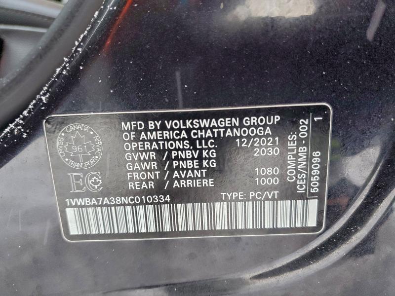 VOLKSWAGEN PASSAT LIM 2022 VIN 1VWBA7A38NC010334