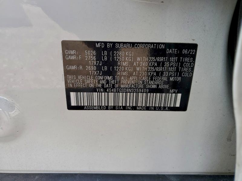 SUBARU OUTBACK WI 2022 VIN 4S4BTGSD8N3259409