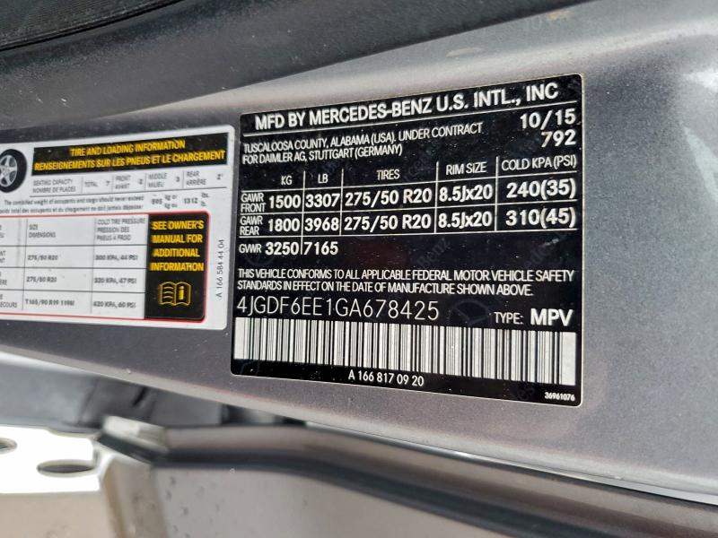 MERCEDES-BENZ GL-CLASS 2016 VIN 4JGDF6EE1GA678425