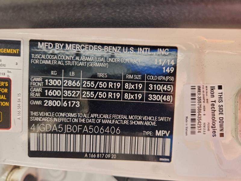 MERCEDES-BENZ M-CLASS 2015 VIN 4JGDA5JB0FA506406