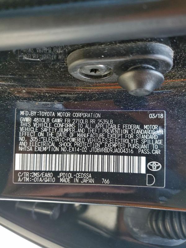 TOYOTA MIRAI 2018 VIN JTDBVRBD9JA004316