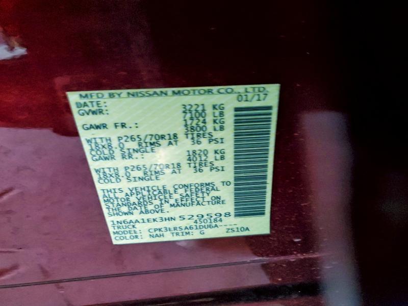 NISSAN TITAN 2017 VIN 1N6AA1EK3HN529598