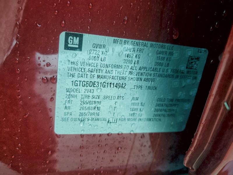 GMC CANYON 2016 VIN 1GTG6DE31G1114942