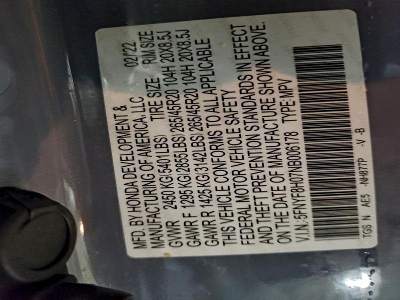 HONDA PASSPORT 2022 VIN 5FNYF8H07NB006178