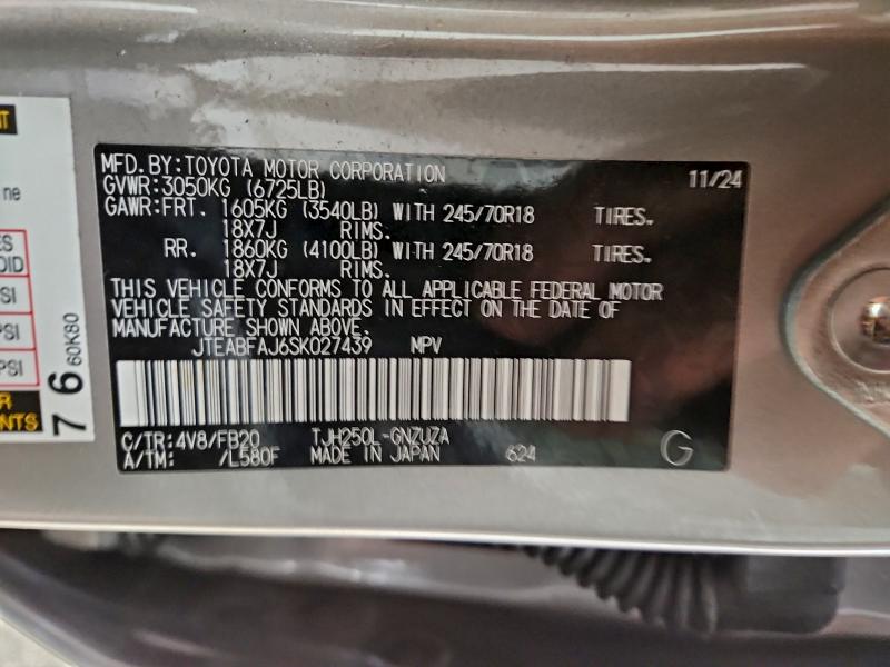 TOYOTA LAND CRUIS 2025 VIN JTEABFAJ6SK027439