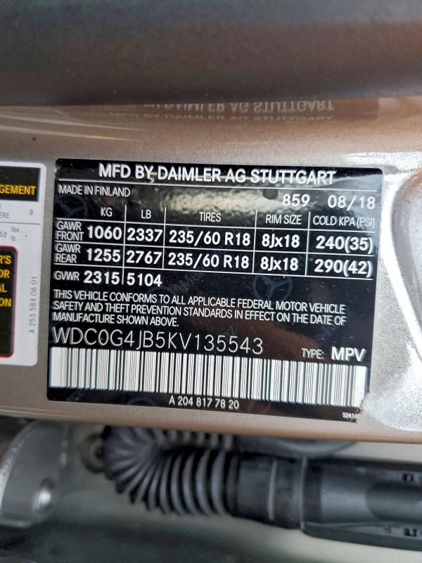 MERCEDES-BENZ GLC-CLASS 2019 VIN WDC0G4JB5KV135543