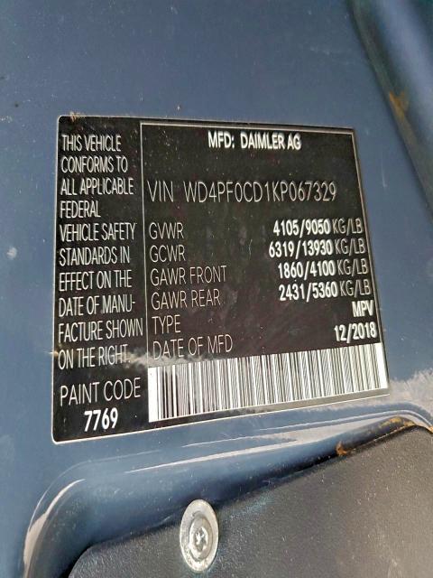 MERCEDES-BENZ SPRINTER 2019 VIN WD4PF0CD1KP067329