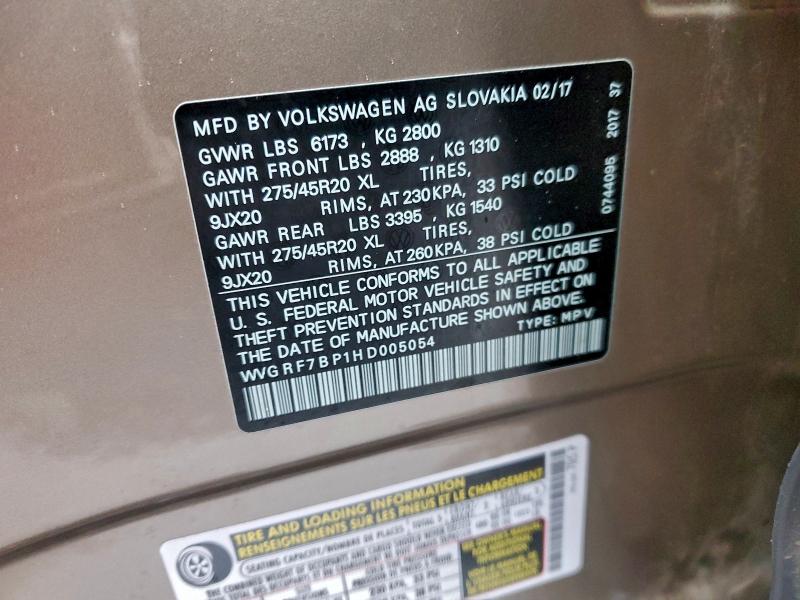 VOLKSWAGEN TOUAREG 2017 VIN WVGRF7BP1HD005054