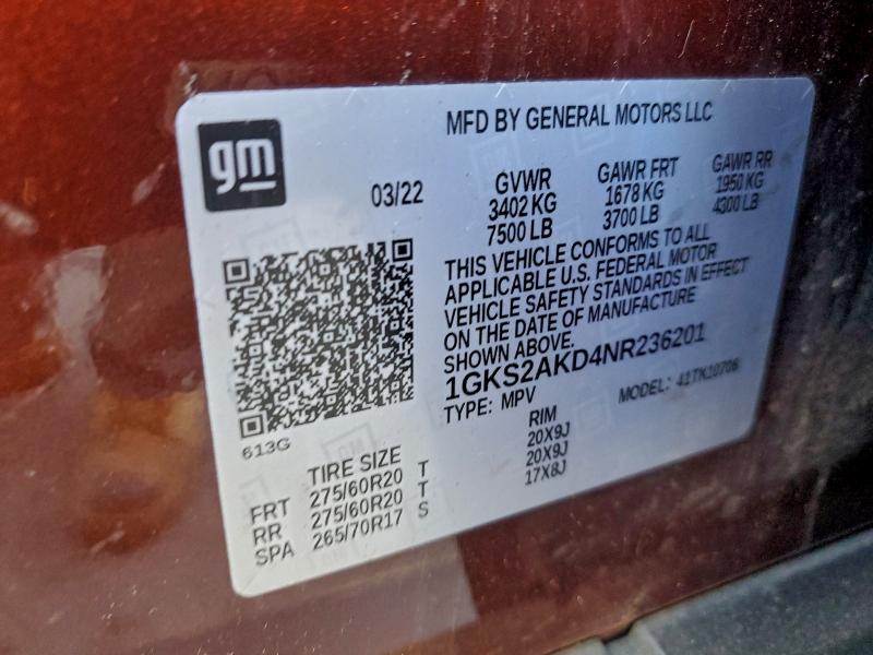 GMC YUKON 2022 VIN 1GKS2AKD4NR236201