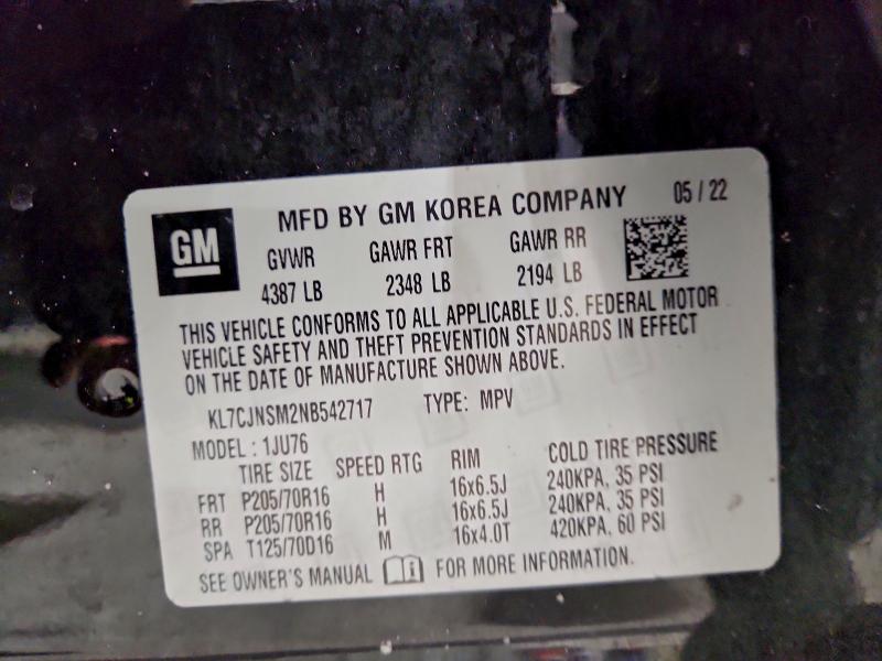 CHEVROLET TRAX 2022 VIN KL7CJNSM2NB542717