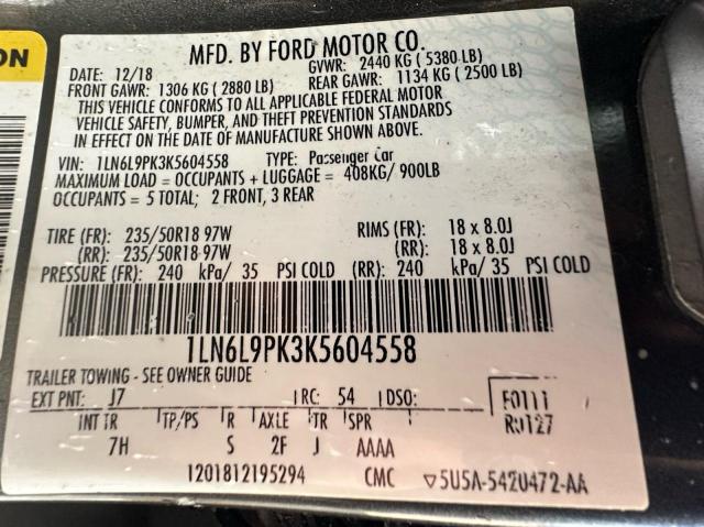 LINCOLN CONTINENTL 2019 VIN 1LN6L9PK3K5604558