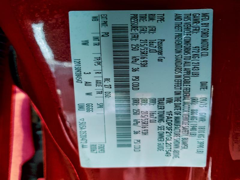 FORD FOCUS 2016 VIN 1FADP3F21GL207549