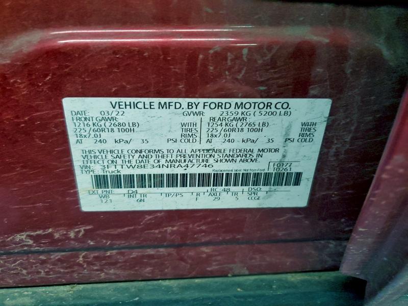 FORD MAVERICK 2022 VIN 3FTTW8E34NRA47746