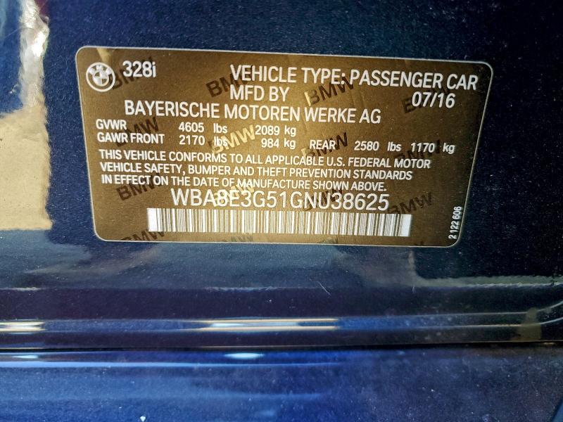 BMW 3 SERIES 2016 VIN WBA8E3G51GNU38625